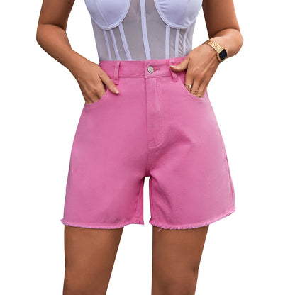 Fashion Casual Women Raw Hem Baisc Straight Denim Shorts