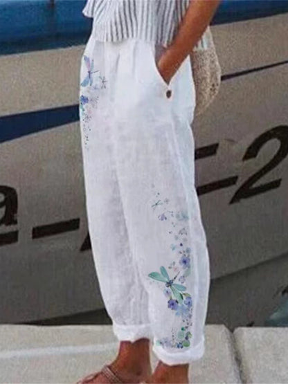 Pantalones elegantes de lino y algodón para mujer, con estampado floral vintage, cintura elástica y bolsillos, informales