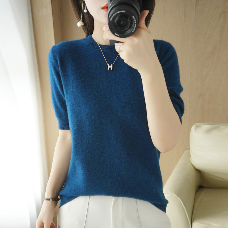Spring And Summer Women Solid Color Casual Versatile Knitted Short-Sleeved Round Neck Knitwear Sweater
