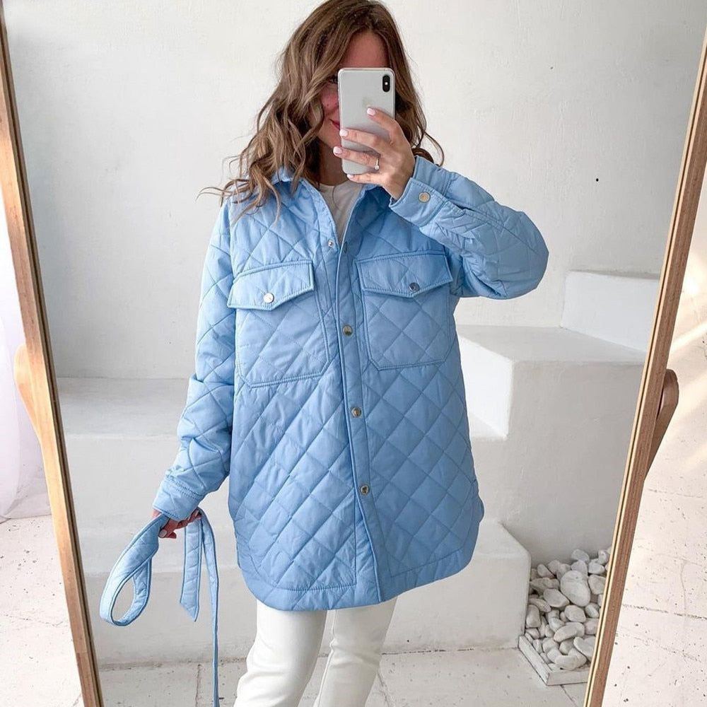 Autumn Winter Women Fashion Casual Loose-Breasted Lapel Warm Rhombic Quilted Jacket Coat