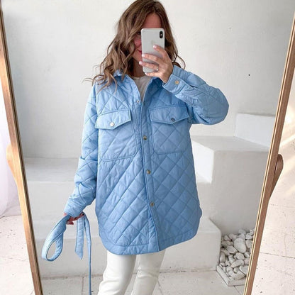 Autumn Winter Women Fashion Casual Loose-Breasted Lapel Warm Rhombic Quilted Jacket Coat