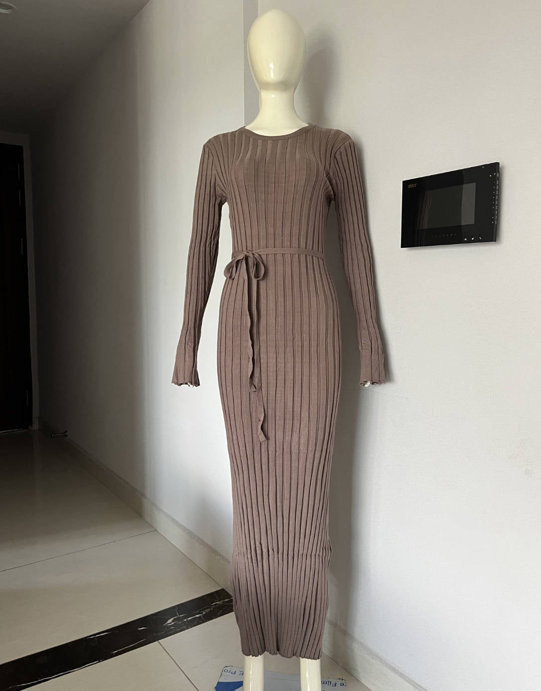 Autumn Winter Women Fashion Casual Crewneck Pit Strip Knitted Dress