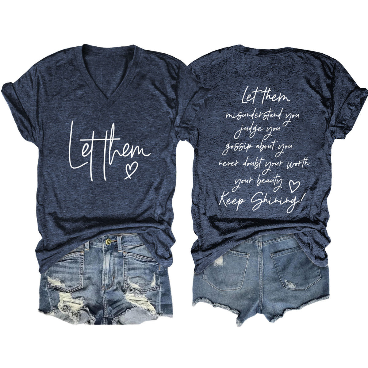 Camiseta informal de verano para mujer con estampado de letras de doble cara y cuello en V de manga corta