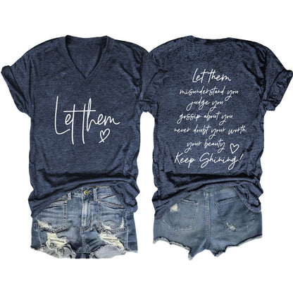 Camiseta informal de verano para mujer con estampado de letras de doble cara y cuello en V de manga corta