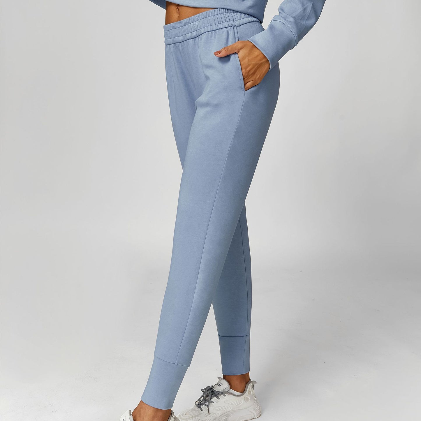 Conjunto deportivo informal de sudadera y pantalón deportivo de color liso para mujer