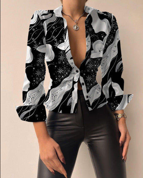 Blusa informal de manga larga con cuello en V y solapa para mujer