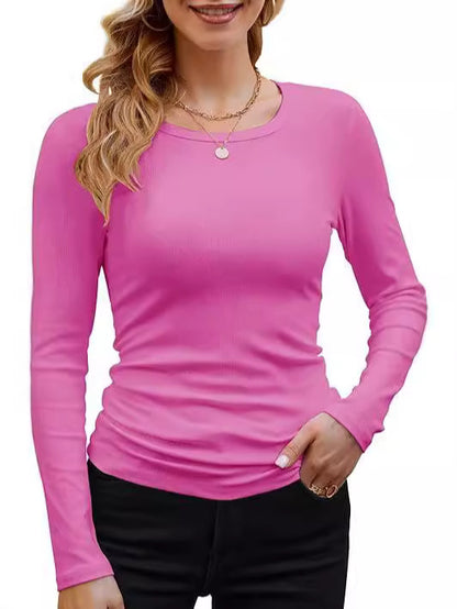 Camiseta informal de manga larga con cuello redondo y ribete de color liso para mujer