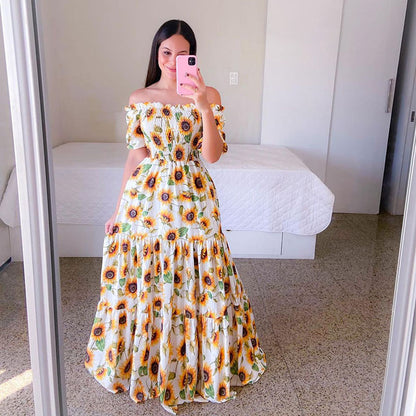 Summer Vacation Women Rainbow Color Floral Butterfly Large Swing Off Shoulder Casual Maxi Dress