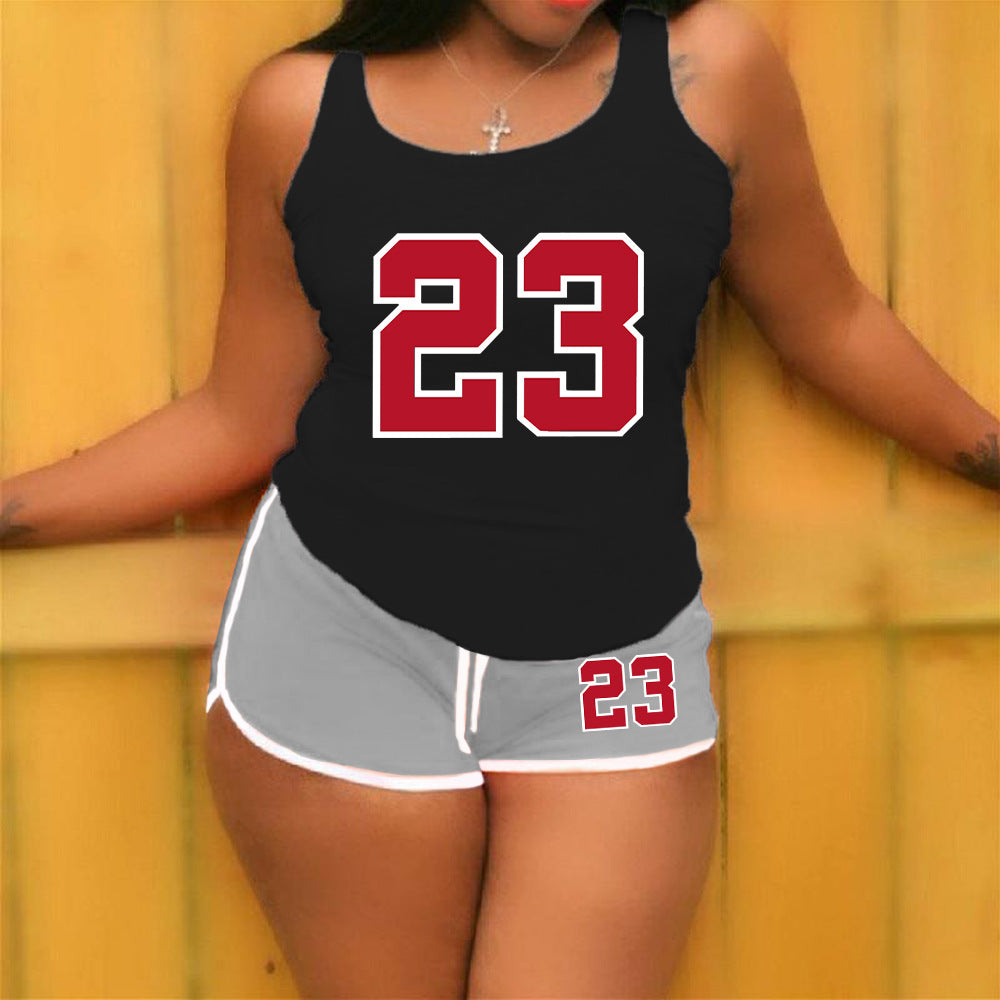 Conjunto de 2 piezas de camiseta sin mangas con cuello redondo y pantalones cortos holgados con estampado digital de color sólido informal para mujer