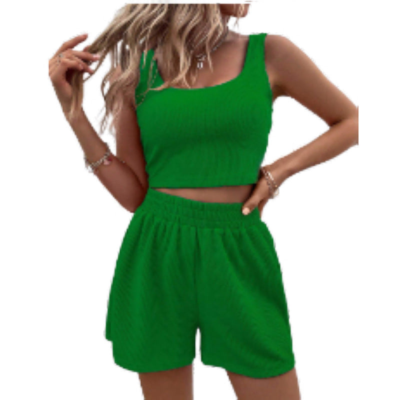 Conjunto casual de dos piezas para mujer, top y pantalones cortos de color liso