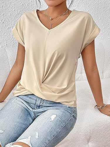 Camiseta informal de verano para mujer, color liso, cuello en V, manga corta, sin mangas