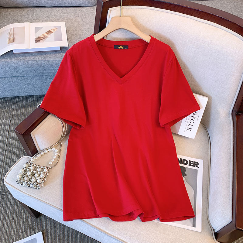 Camiseta informal de verano para mujer, color liso, cuello en V y manga corta