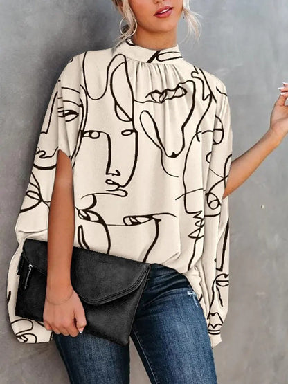 Blusa elegante informal holgada con mangas murciélago y cuello redondo para mujer, ideal para oficina y verano