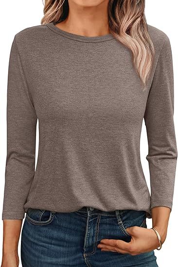 Camiseta informal holgada de manga larga con cuello redondo para mujer