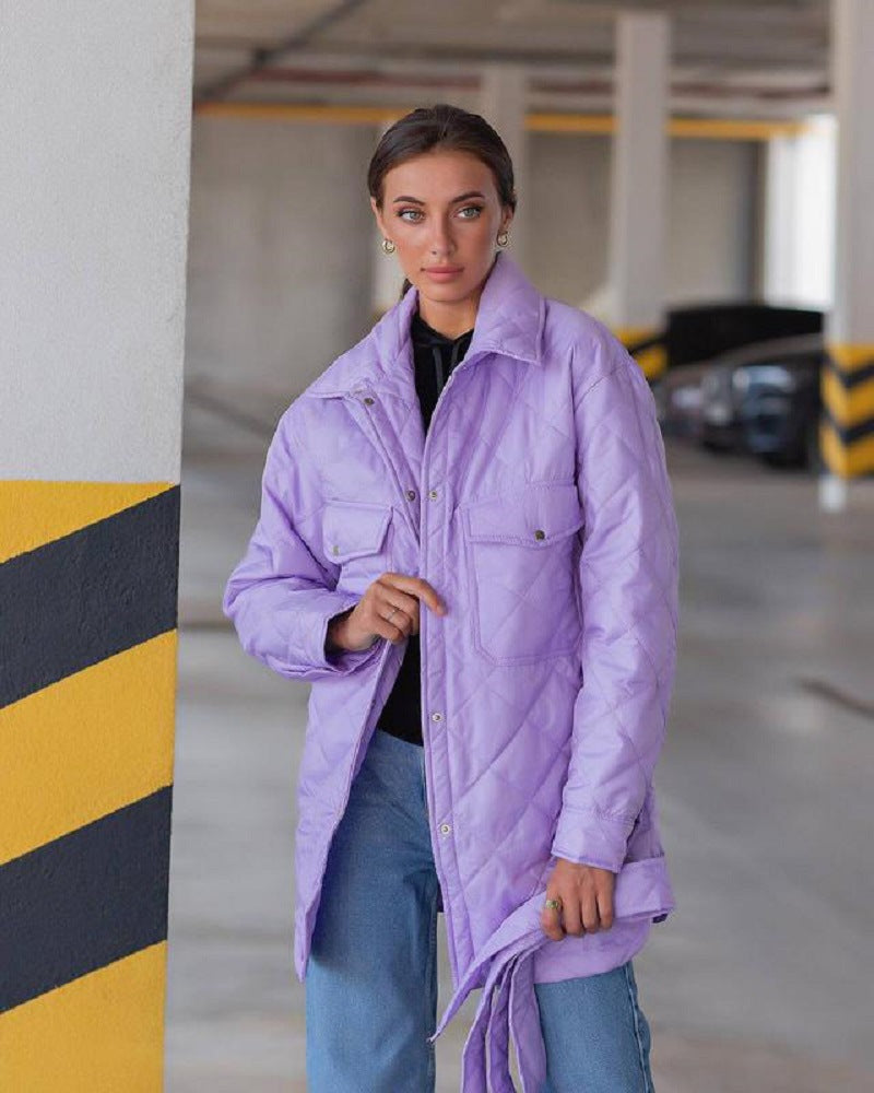 Chaqueta acolchada holgada informal de color liso con mangas largas y solapas cruzadas para mujer