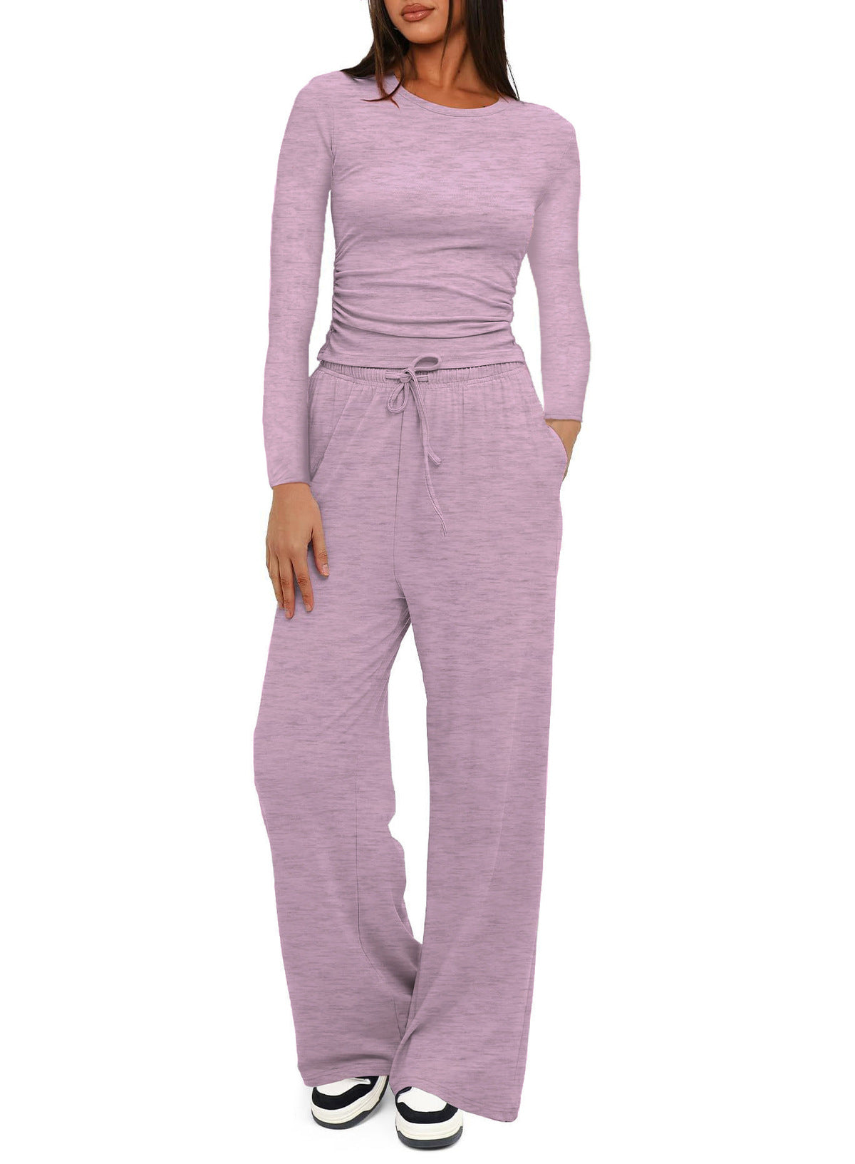 Conjunto de dos piezas formado por camiseta y pantalón de pierna ancha, cintura alta, color liso, informal, sencillo, para mujer