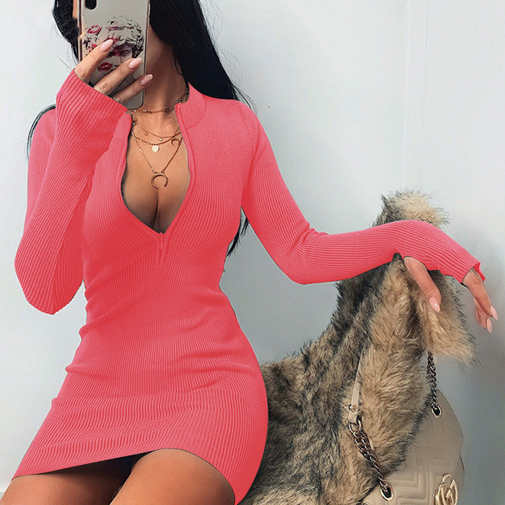 Women'S Fashion Casual Rib-Knit Zipper Slim-Fit Long Sleeve Dress