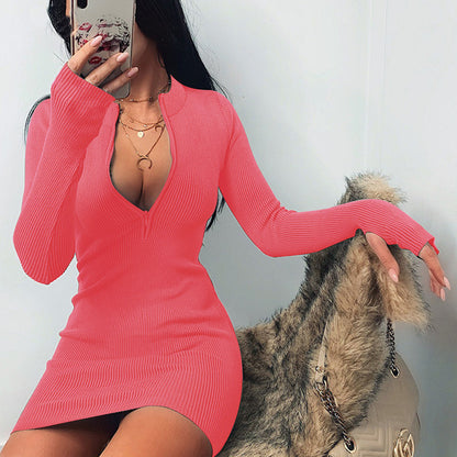 Women'S Fashion Casual Rib-Knit Zipper Slim-Fit Long Sleeve Dress