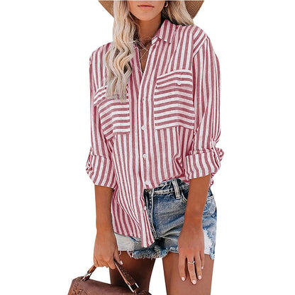 Women Casual Cotton Stripe Single-Breasted Long-Sleeved Shirt Blouse
