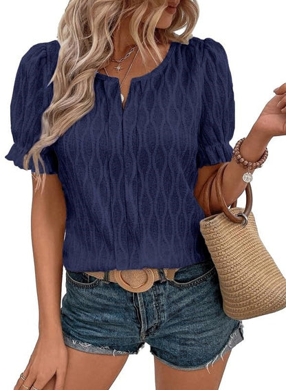 Blusa informal de jacquard de color liso con cuello en V y mangas abullonadas para mujer