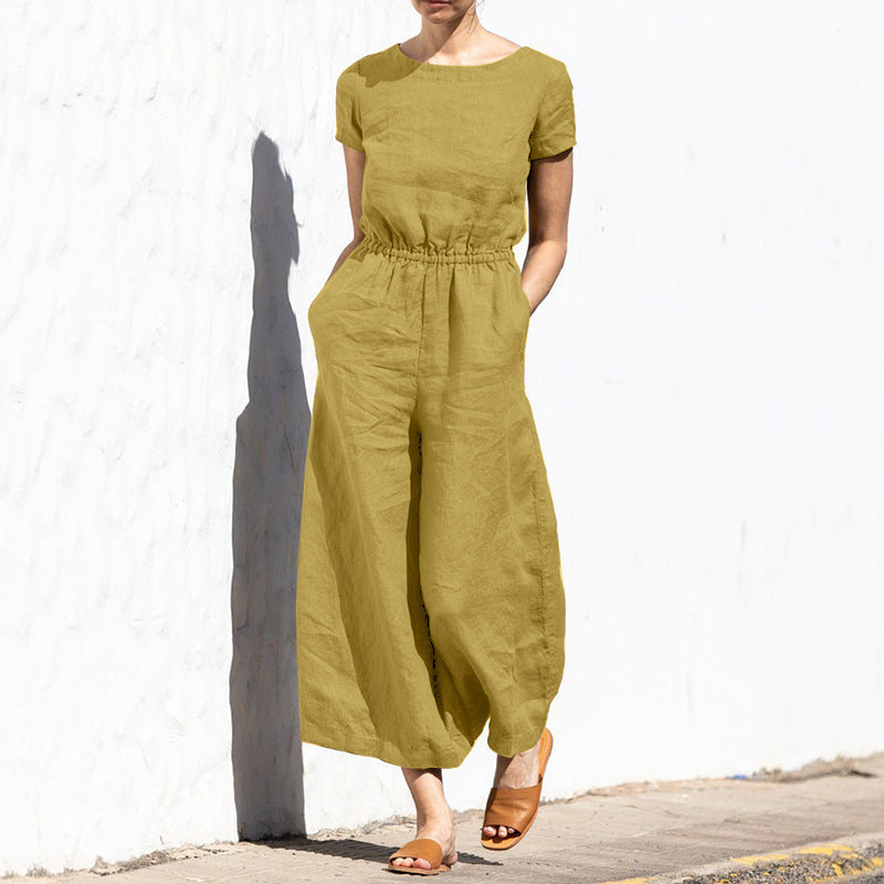 Summer Solid Color High Waist Sleeveless Women Fashion Casual Loose Jumpsuits