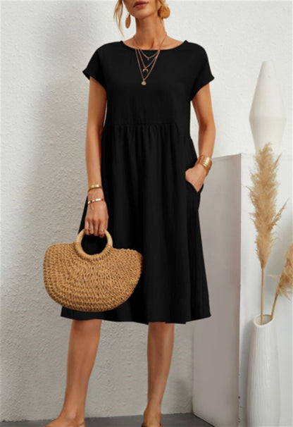 Fashion Summer Women'S Round Neck Solid Color Casual Short Sleeve Dress