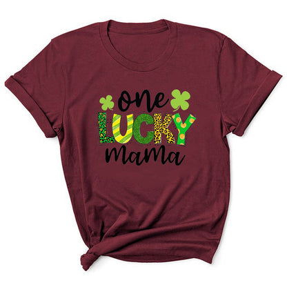 Camiseta informal de manga corta con cuello redondo y estampado de letras "One Lucky Mama" para mujer
