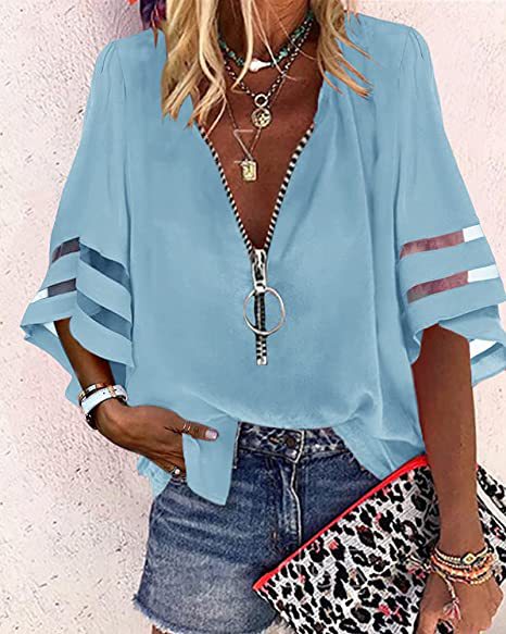 Blusa informal de mujer con cuello en V, media cremallera y mangas acampanadas