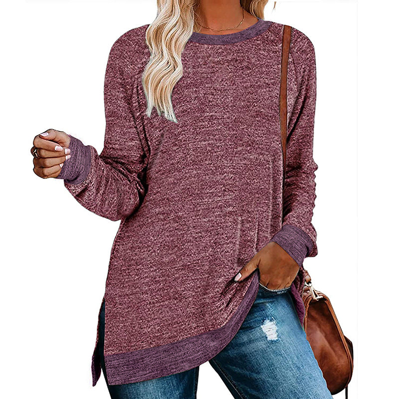 Camiseta informal de manga larga con cuello redondo y abertura en color para mujer