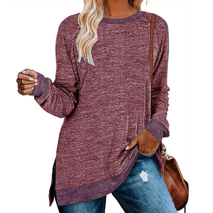 Camiseta informal de manga larga con cuello redondo y abertura en color para mujer