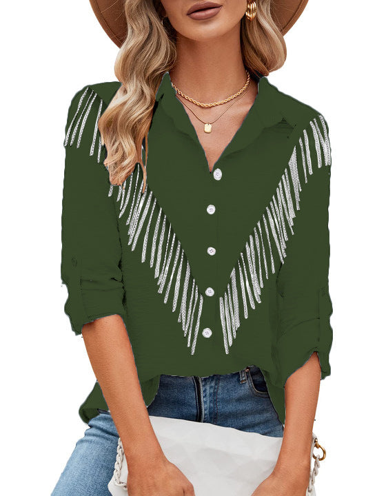 Blusa informal de manga larga con solapa y borlas de diamantes de imitación para mujer
