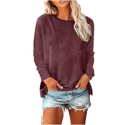 Camiseta informal holgada de manga larga con cuello redondo para mujer