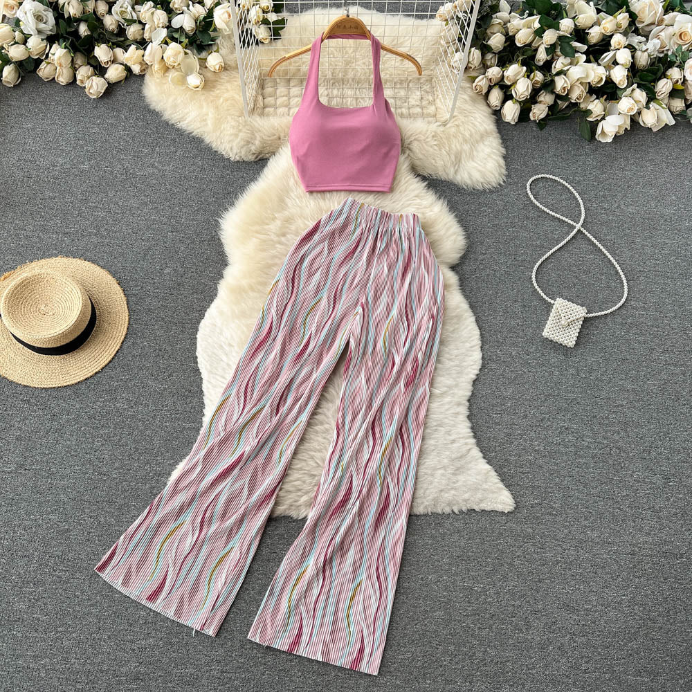 Conjunto de pantalón y top con estampado floral sin mangas informal a la moda para mujer