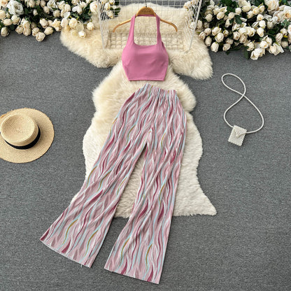 Conjunto de pantalón y top con estampado floral sin mangas informal a la moda para mujer