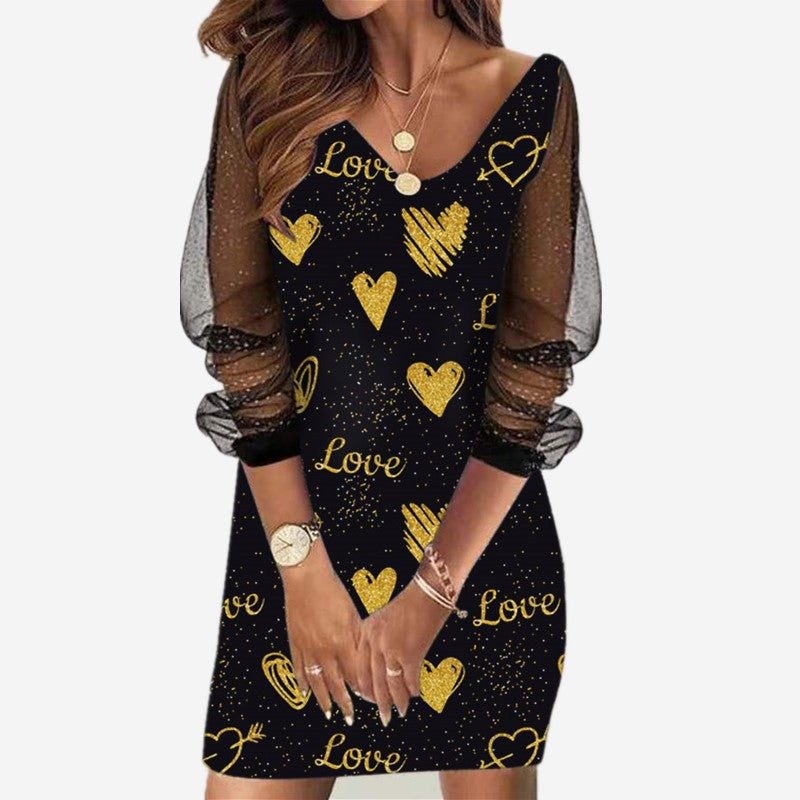 Casual Plus Size Women Sequined See-Through Mesh Long Sleeve Casual Dress