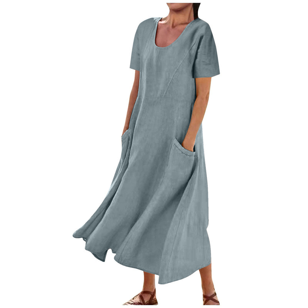 Women Casual Solid Color Cotton Linen Round Neck Short Sleeve Loose Dress