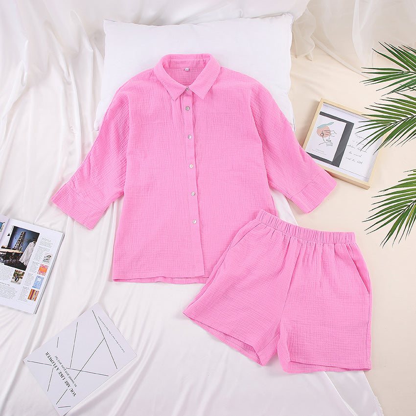 Conjunto de pijama para mujer, de color liso, informal, de manga larga y pantalones cortos para el hogar