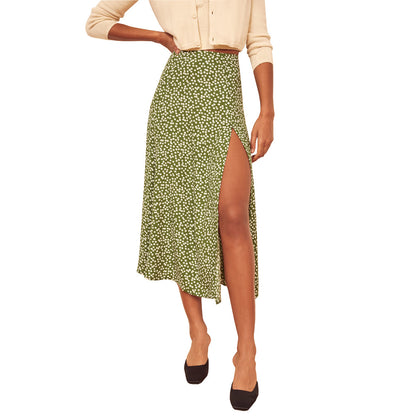 Women Casual Sweet Leopard Flower Printed Summer A-line Side-slit Skirt