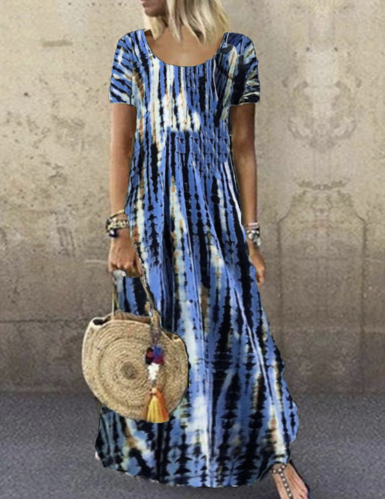 Vestido largo holgado informal de manga corta con cuello redondo y estampado tie-dye para mujer
