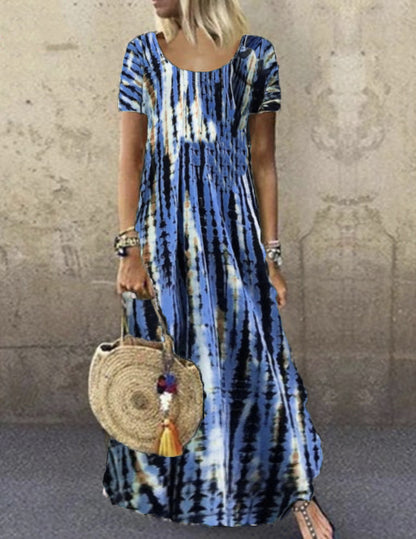 Vestido largo holgado informal de manga corta con cuello redondo y estampado tie-dye para mujer