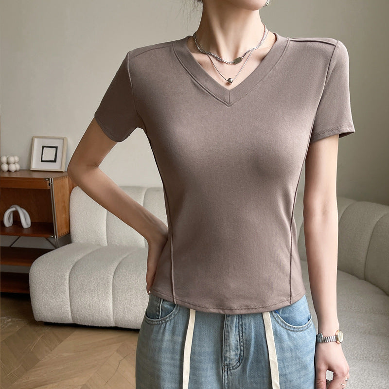 Camiseta informal de manga corta con cuello en V y color liso para mujer de verano
