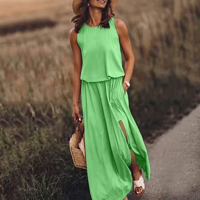 Women Casual Solid Color Sleeveless Side-Slit Maxi Dress