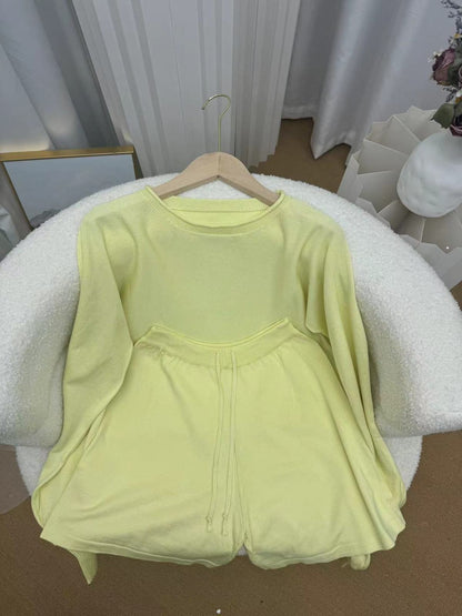 Women Casual Solid Color Knitted Long-Sleeve Sweater Drawstring Shorts Two-Piece Set