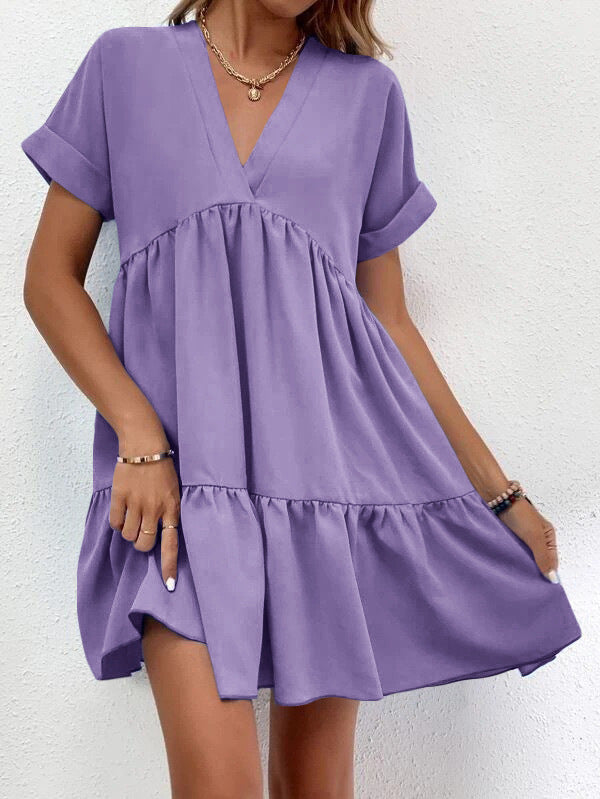Vestido informal de verano para mujer, con escote en V y manga corta, estilo swing grande