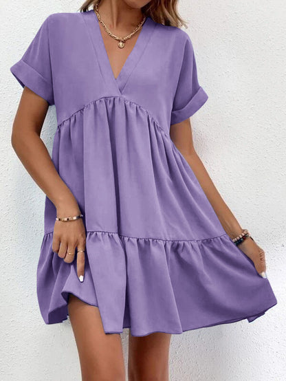 Vestido informal de verano para mujer, con escote en V y manga corta, estilo swing grande