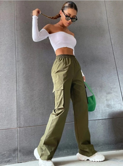 Women Loose Casual Solid Color High Waist Cargo Pants