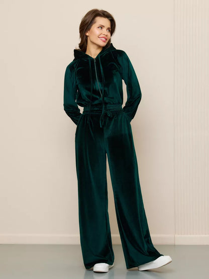 Conjunto de dos piezas de cárdigan con cremallera y pantalones de terciopelo con cordones para mujer, informal y a la moda.