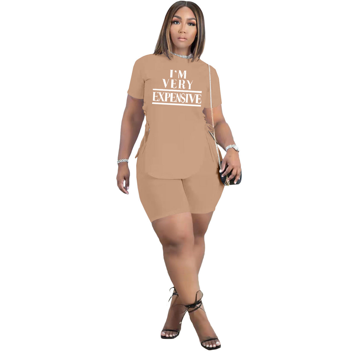 Women Casual Slit Strap Letter Printed Short Sleeve T-Shirt And Solid Color Shorts Fashion Sports Two Pieces Set