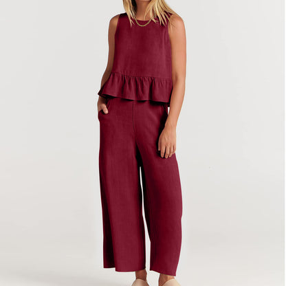Conjunto de pantalón holgado sin mangas con volantes informales de color liso para mujer