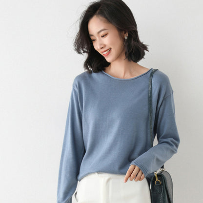 Women Fashion Casual Solid Color Round Neck V-Neck Long Sleeve Sweater